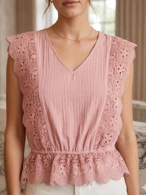 Pink Lace-Trim Peplum V-Neck Top